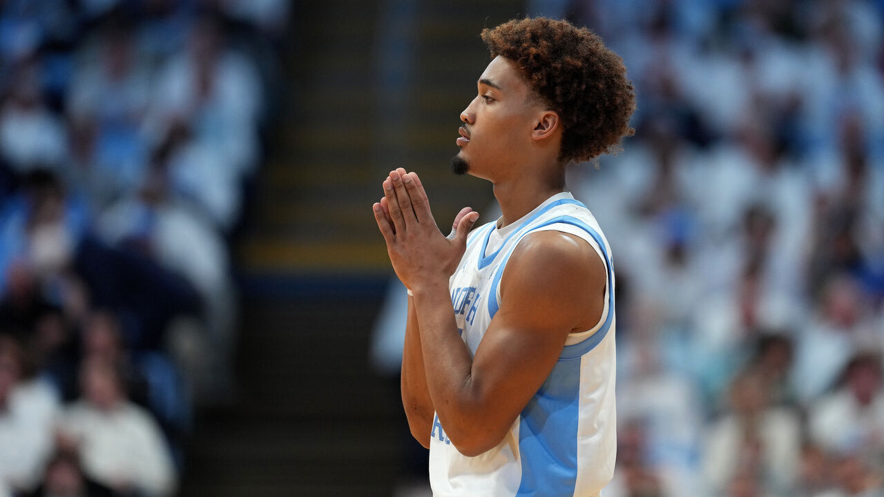 CHAPEL HILL, NORTH CAROLINA - DECEMBER 04: Seth Trimble #7 of the North Carolina Tar Heels looks on during the second half of the game against the Alabama Crimson Tide at the Dean E. Smith Center on December 04, 2024 in Chapel Hill, North Carolina.