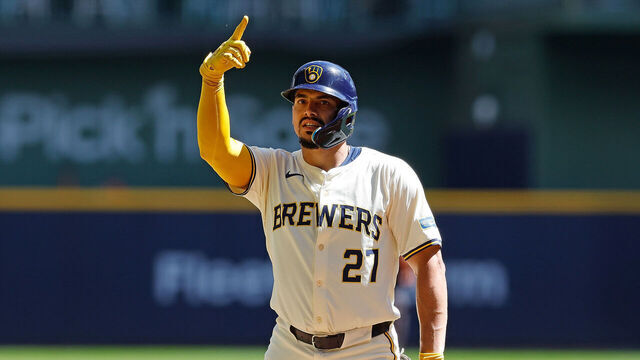 MILWAUKEE, WISCONSIN - SEPTEMBER 02: Willy Adames #27 of the Milwaukee Brewers celebrates while rounding the bases after hitting a home run against the St. Louis Cardinals at American Family Field on September 02, 2024 in Milwaukee, Wisconsin.