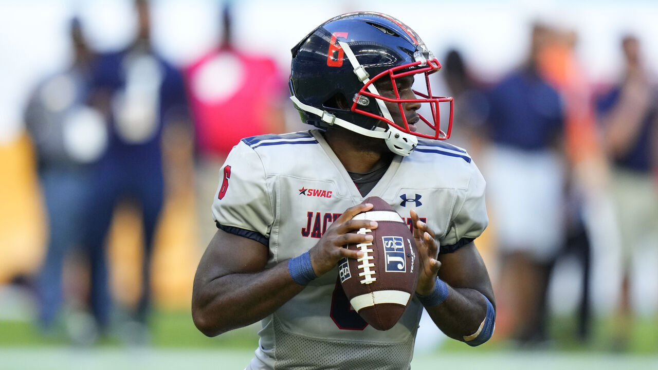 MIAMI GARDENS, FLORIDA - SEPTEMBER 03: Zy McDonald #6 of the Jackson State Tigers looks to pass against the Florida A&M Rattlers during the fourth quarter at Hard Rock Stadium on September 03, 2023 in Miami Gardens, Florida.