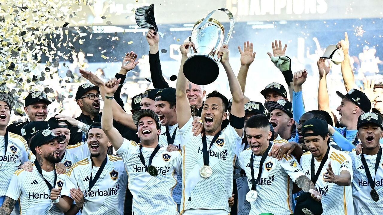 LA Galaxy players celebrat after winning the Major League Soccer (MLS) Cup Final match between the LA Galaxy and the NY Red Bulls at the Dignity Health Sports Park in Carson, California, on December 7, 2024.