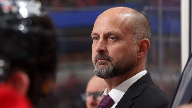 CHICAGO, ILLINOIS - DECEMBER 07: Chicago Blackhawks interim head coach Anders Sorensen looks on during the game between the Chicago Blackhawks and the Winnipeg Jets at the United Center on December 07, 2024 in Chicago, Illinois.