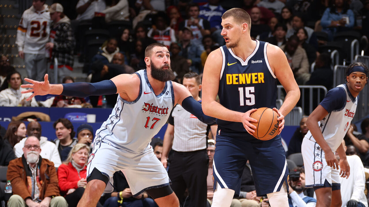 WASHINGTON, DC - DECEMBER 7: Nikola Jokic #15 of the Denver Nuggets looks to pass the ball during the game against the Washington Wizards on December 7, 2024 at Capital One Arena in Washington, DC. Mandatory Copyright Notice: Copyright 2024 NBAE