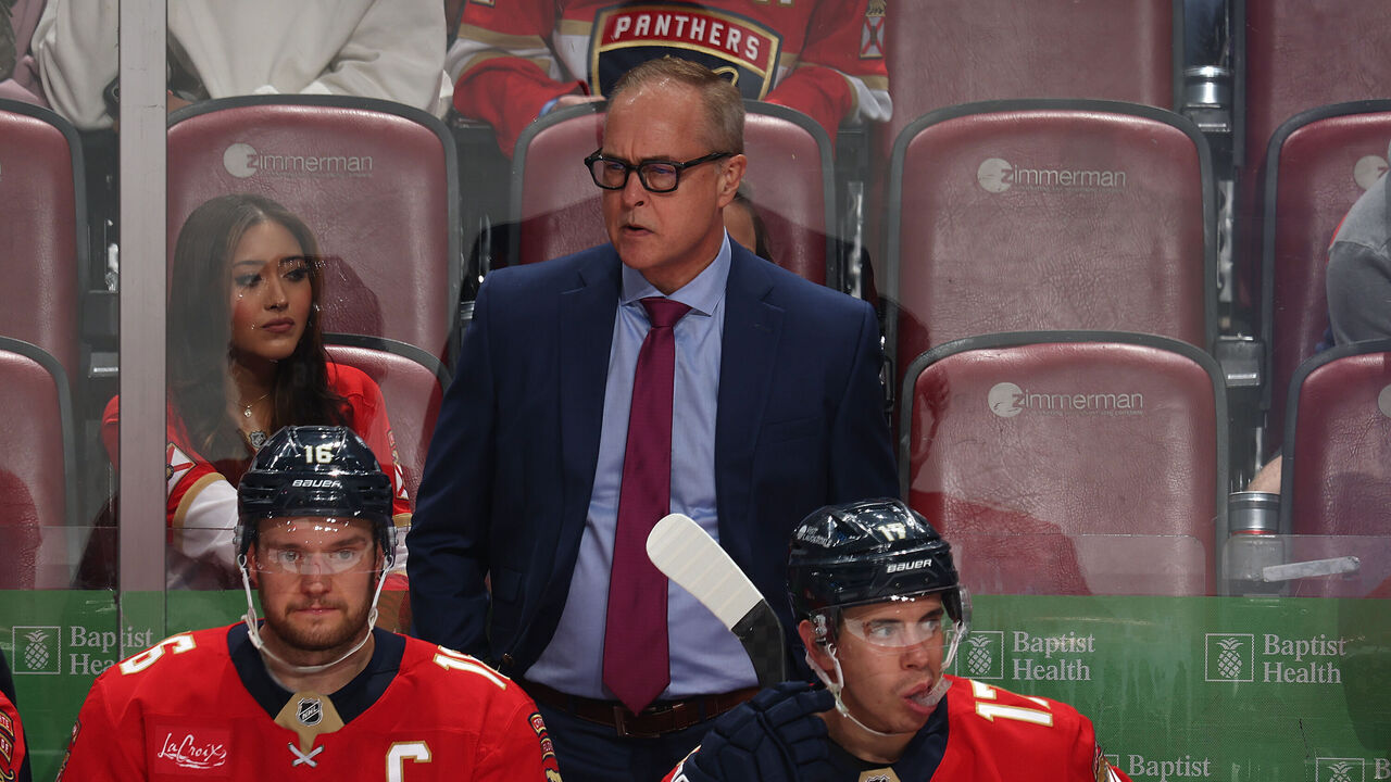 SUNRISE, FL - NOVEMBER 25: Head coach Paul Maurice of the Florida Panthers looks on during second period action against the Washington Capitals at the Amerant Bank Arena on November 25, 2024 in Sunrise, Florida.