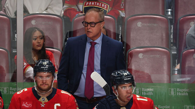 SUNRISE, FL - NOVEMBER 25: Head coach Paul Maurice of the Florida Panthers looks on during second period action against the Washington Capitals at the Amerant Bank Arena on November 25, 2024 in Sunrise, Florida.