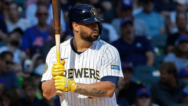 MILWAUKEE, WISCONSIN - SEPTEMBER 29: Gary Sánchez #99 of the Milwaukee Brewers up to bat against the New York Mets at American Family Field on September 29, 2024 in Milwaukee, Wisconsin.