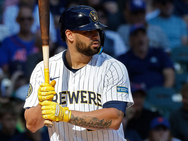 MILWAUKEE, WISCONSIN - SEPTEMBER 29: Gary Sánchez #99 of the Milwaukee Brewers up to bat against the New York Mets at American Family Field on September 29, 2024 in Milwaukee, Wisconsin.