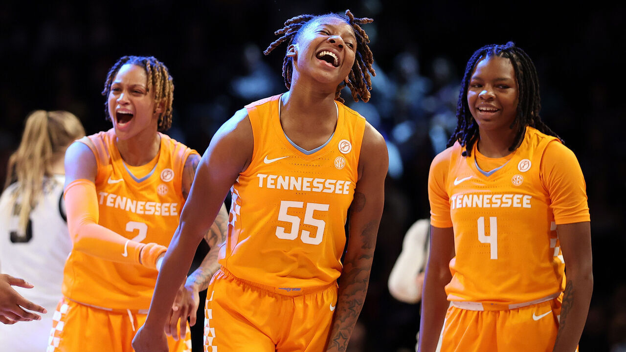 NEW YORK, NEW YORK - DECEMBER 07: Talaysia Cooper #55, Ruby Whitehorn #2, and Kaniya Boyd #4 of the Tennessee Lady Vols react after their win during the second half against the Iowa Hawkeyes in the Shark Beauty Women's Champions Classic at Barclays Center on December 07, 2024 in the Brooklyn borough of New York City. The Lady Vols won 78-68.