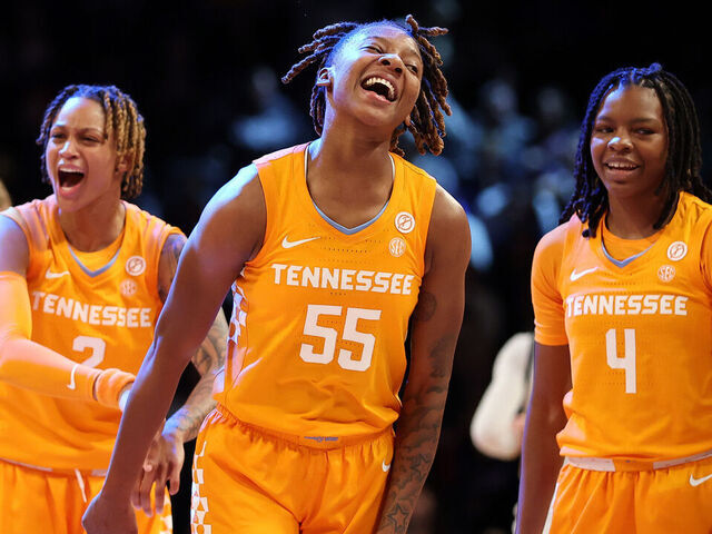 NEW YORK, NEW YORK - DECEMBER 07: Talaysia Cooper #55, Ruby Whitehorn #2, and Kaniya Boyd #4 of the Tennessee Lady Vols react after their win during the second half against the Iowa Hawkeyes in the Shark Beauty Women's Champions Classic at Barclays Center on December 07, 2024 in the Brooklyn borough of New York City. The Lady Vols won 78-68.