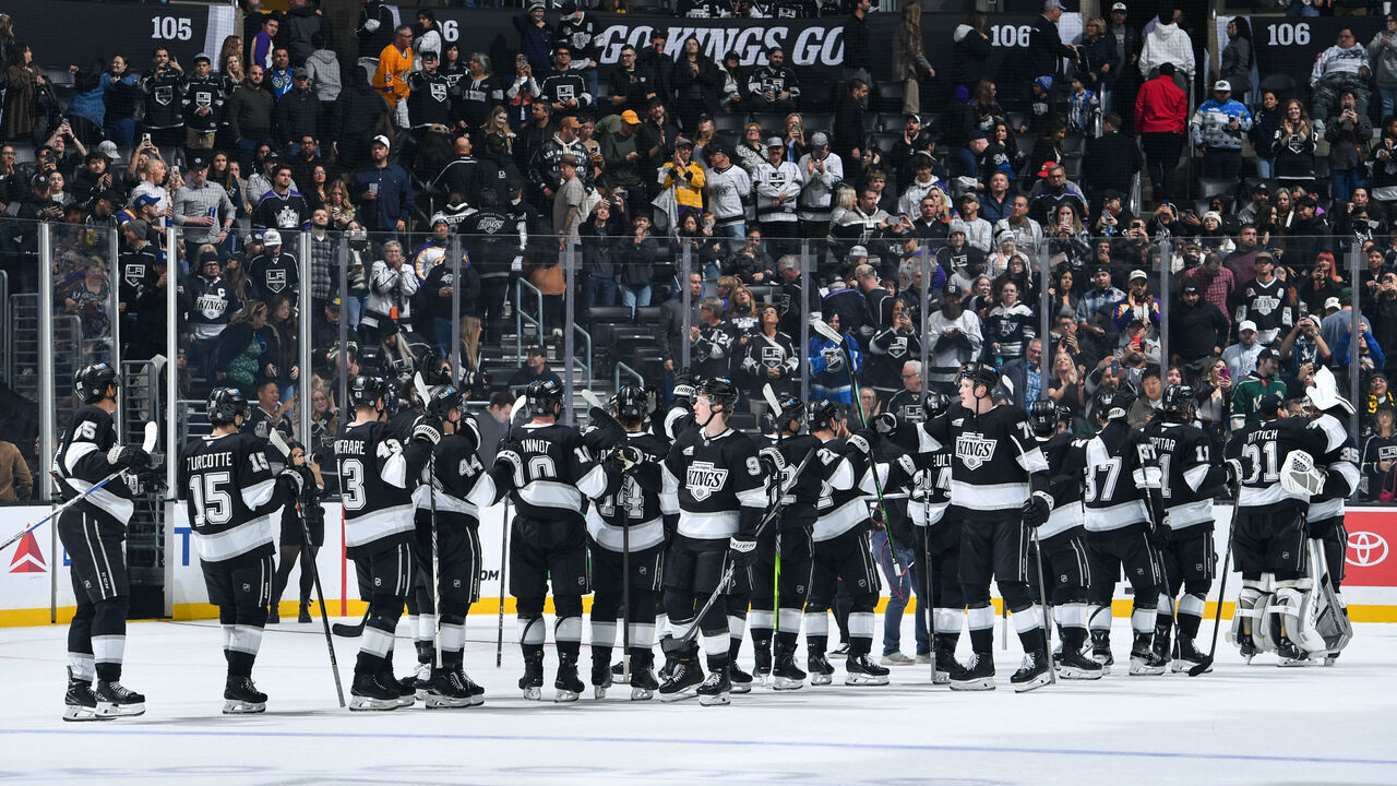 LOS ANGELES, CA - DECEMBER 7: Los Angeles Kings celebrate their victory against the Minnesota Wild at Crypto.com Arena on December 7, 2024 in Los Angeles, California.