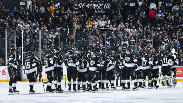 LOS ANGELES, CA - DECEMBER 7: Los Angeles Kings celebrate their victory against the Minnesota Wild at Crypto.com Arena on December 7, 2024 in Los Angeles, California.