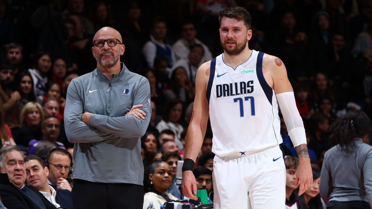 TORONTO, CANADA - DECEMBER 7: Head Coach Jason Kidd and Luka Doncic #77 of the Dallas Mavericks during the game against the Toronto Raptors during a regular season game on December 7, 2024 at the Scotiabank Arena in Toronto, Ontario, Canada. Mandatory Copyright Notice: Copyright 2024 NBAE