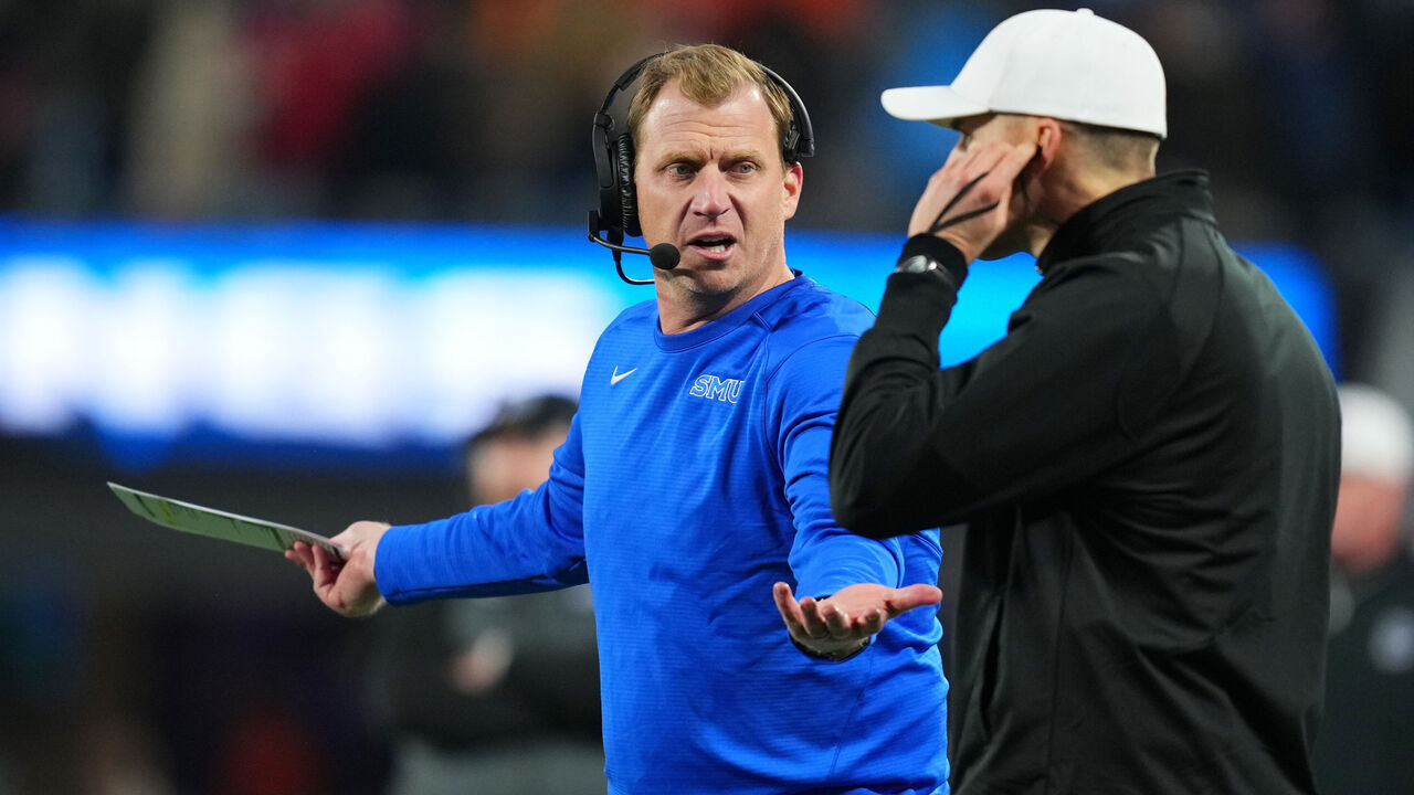 CHARLOTTE, NORTH CAROLINA - DECEMBER 07: Rhett Lashlee of the SMU Mustangs reacts during the fourth quarter of the 2024 ACC Football Championship at Bank of America Stadium on December 07, 2024 in Charlotte, North Carolina.