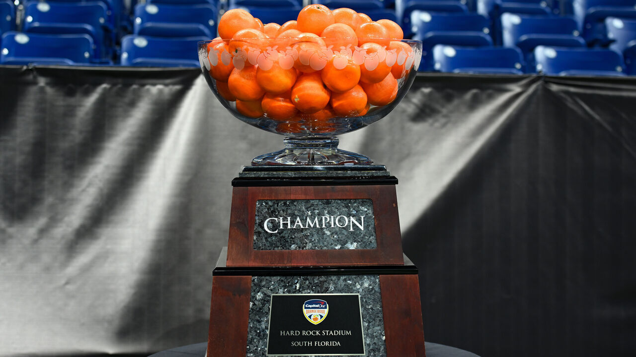 INDIANAPOLIS, IN - JULY 26: The Orange Bowl Trophy during the Big Ten Conference Media Days on July 26, 2023 at Lucas Oil Stadium in Indianapolis, IN