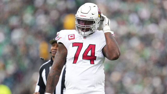 PHILADELPHIA, PENNSYLVANIA - DECEMBER 31: D.J. Humphries #74 of the Arizona Cardinals looks on against the Philadelphia Eagles at Lincoln Financial Field on December 31, 2023 in Philadelphia, Pennsylvania.