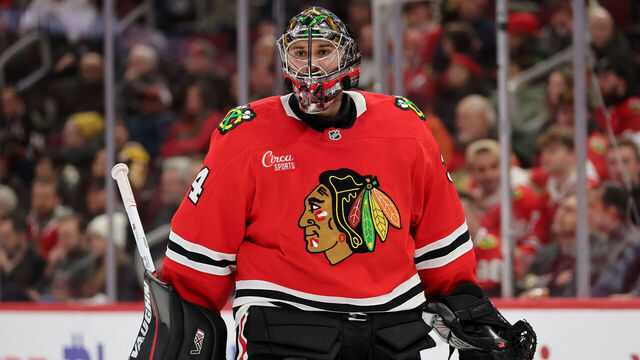 CHICAGO, ILLINOIS - DECEMBER 04: Petr Mrazek #34 of the Chicago Blackhawks reacts against the Boston Bruins during the third period at the United Center on December 04, 2024 in Chicago, Illinois.