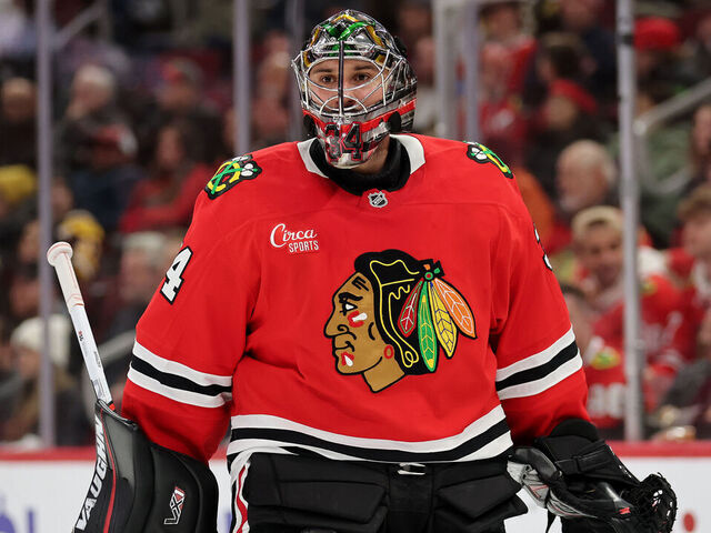 CHICAGO, ILLINOIS - DECEMBER 04: Petr Mrazek #34 of the Chicago Blackhawks reacts against the Boston Bruins during the third period at the United Center on December 04, 2024 in Chicago, Illinois.