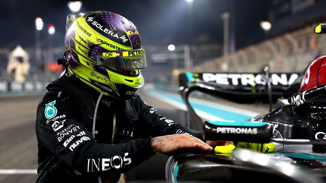 ABU DHABI, UNITED ARAB EMIRATES - DECEMBER 08: 4th placed Lewis Hamilton of Great Britain and Mercedes reacts after performing donuts on track for his final race with Mercedes during the F1 Grand Prix of Abu Dhabi at Yas Marina Circuit on December 08, 2024 in Abu Dhabi, United Arab Emirates.