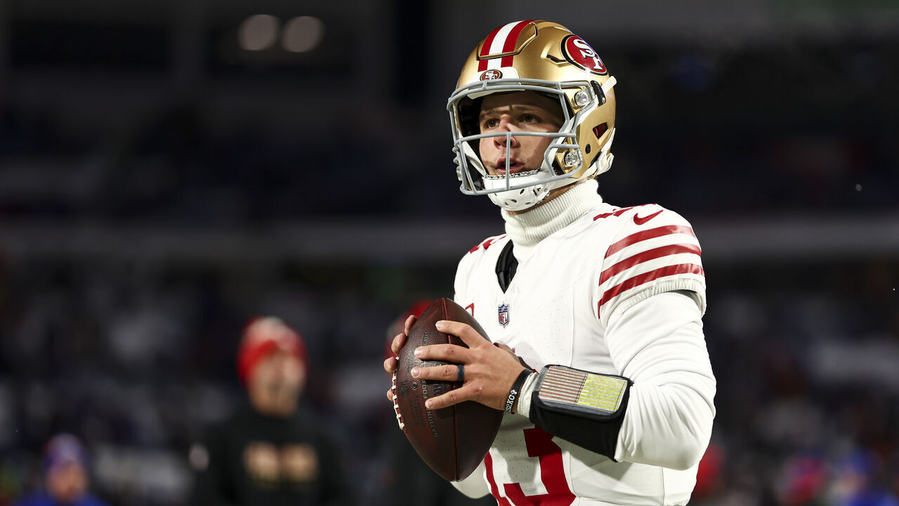ORCHARD PARK, NEW YORK - DECEMBER 1: Brock Purdy #13 of the San Francisco 49ers warms up prior to an NFL football game against the Buffalo Bills at Highmark Stadium on December 1, 2024 in Orchard Park, New York.
