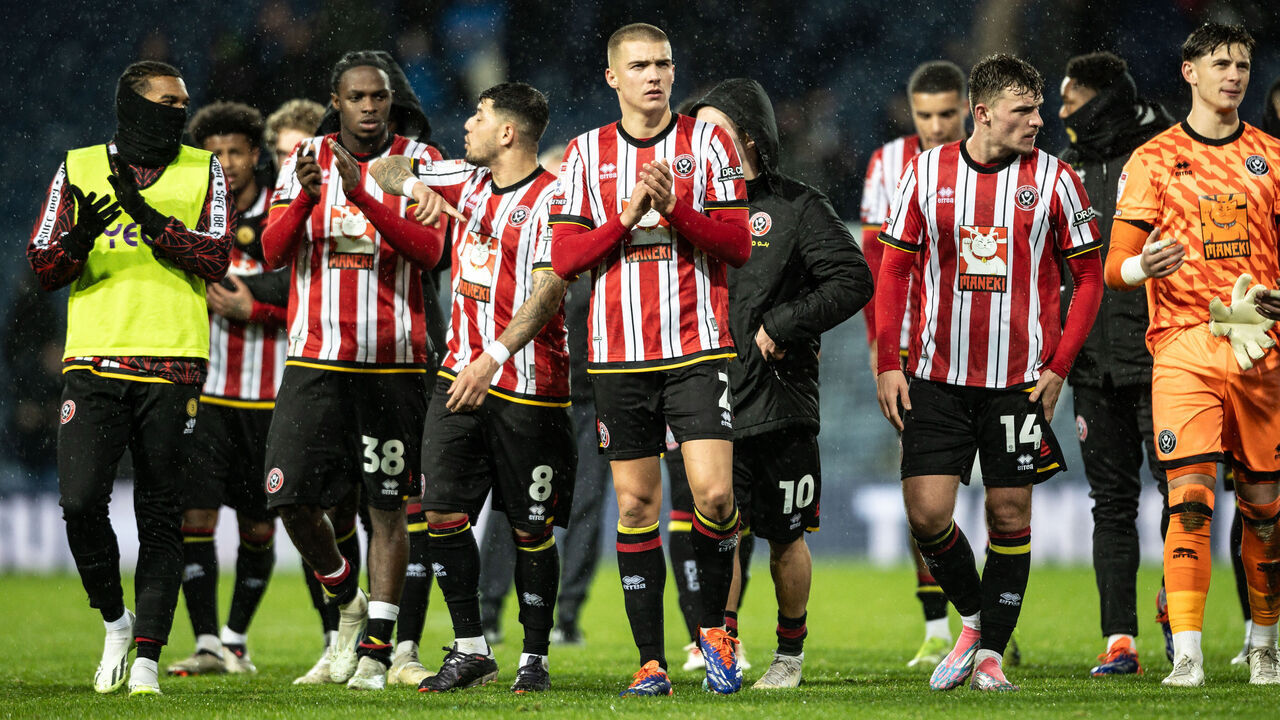 WEST BROMWICH, ENGLAND - DECEMBER 8: Sheffield United players applaud their side's travelling supporters at the end of the match during the Sky Bet Championship match between West Bromwich Albion FC and Sheffield United FC at The Hawthorns on December 8, 2024 in West Bromwich, England.