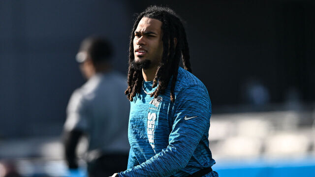 CHARLOTTE, NORTH CAROLINA - DECEMBER 01: Jonathon Brooks #24 of the Carolina Panthers looks on prior to his game against the Tampa Bay Buccaneers at Bank of America Stadium on December 01, 2024 in Charlotte, North Carolina.