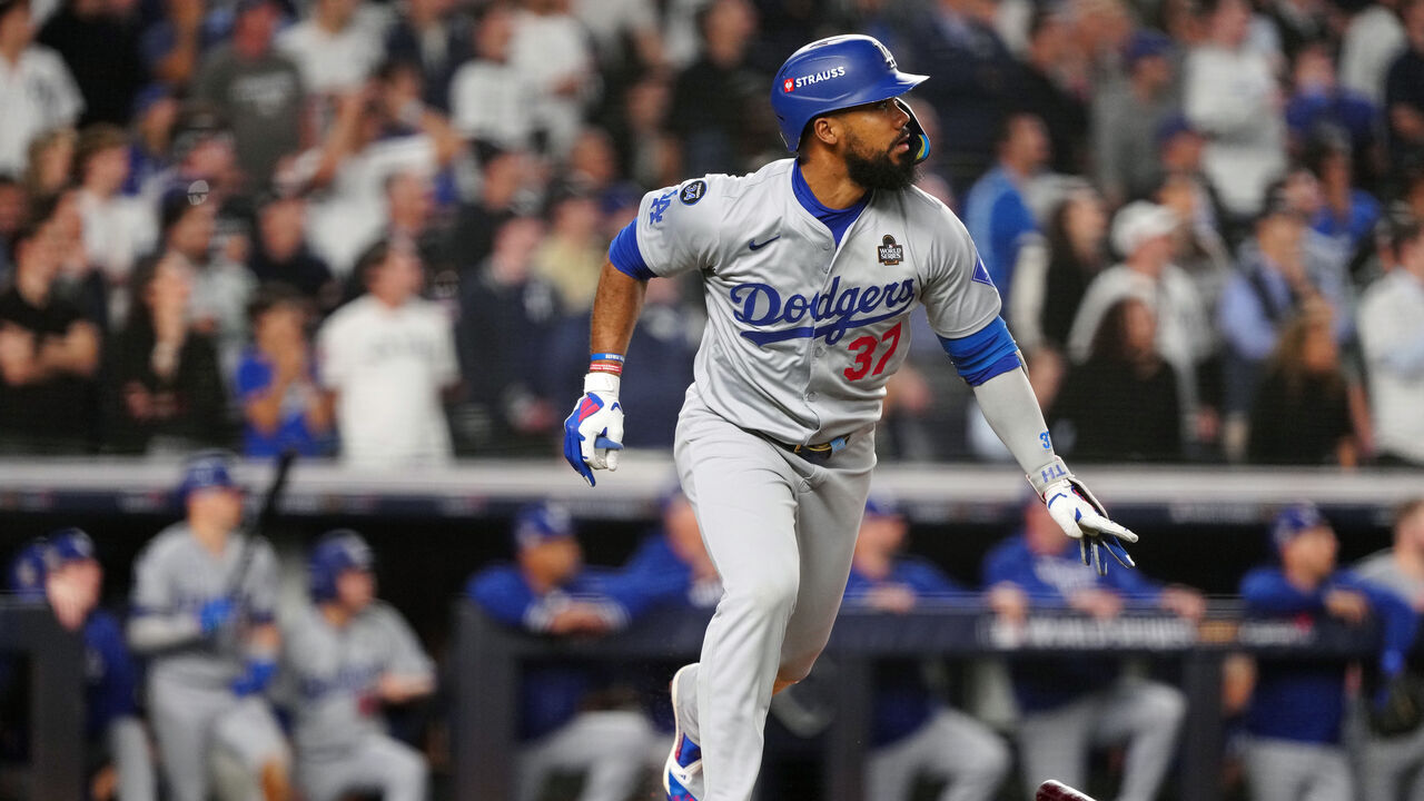 NEW YORK, NY - OCTOBER 30: Teoscar Hernández #37 of the Los Angeles Dodgers hits a two-run double in the fifth inning during Game 5 of the 2024 World Series presented by Capital One between the Los Angeles Dodgers and the New York Yankees at Yankee Stadium on Wednesday, October 30, 2024 in New York, New York.