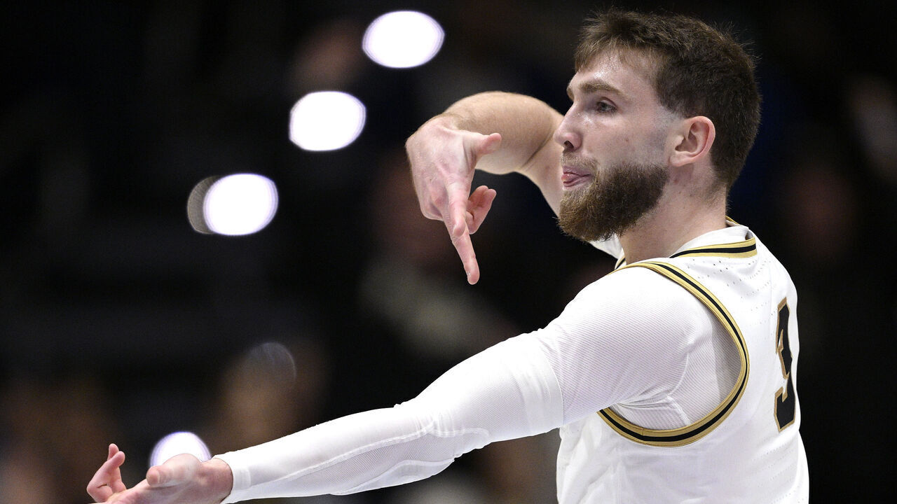 LA JOLLA, CALIFORNIA - NOVEMBER 29: Braden Smith #3 of the Purdue Boilermakers celebrates after a basket against the Mississippi Rebels during the first half in the Rady Children's Invitational Championship game at LionTree Arena on November 29, 2024 in La Jolla, California.