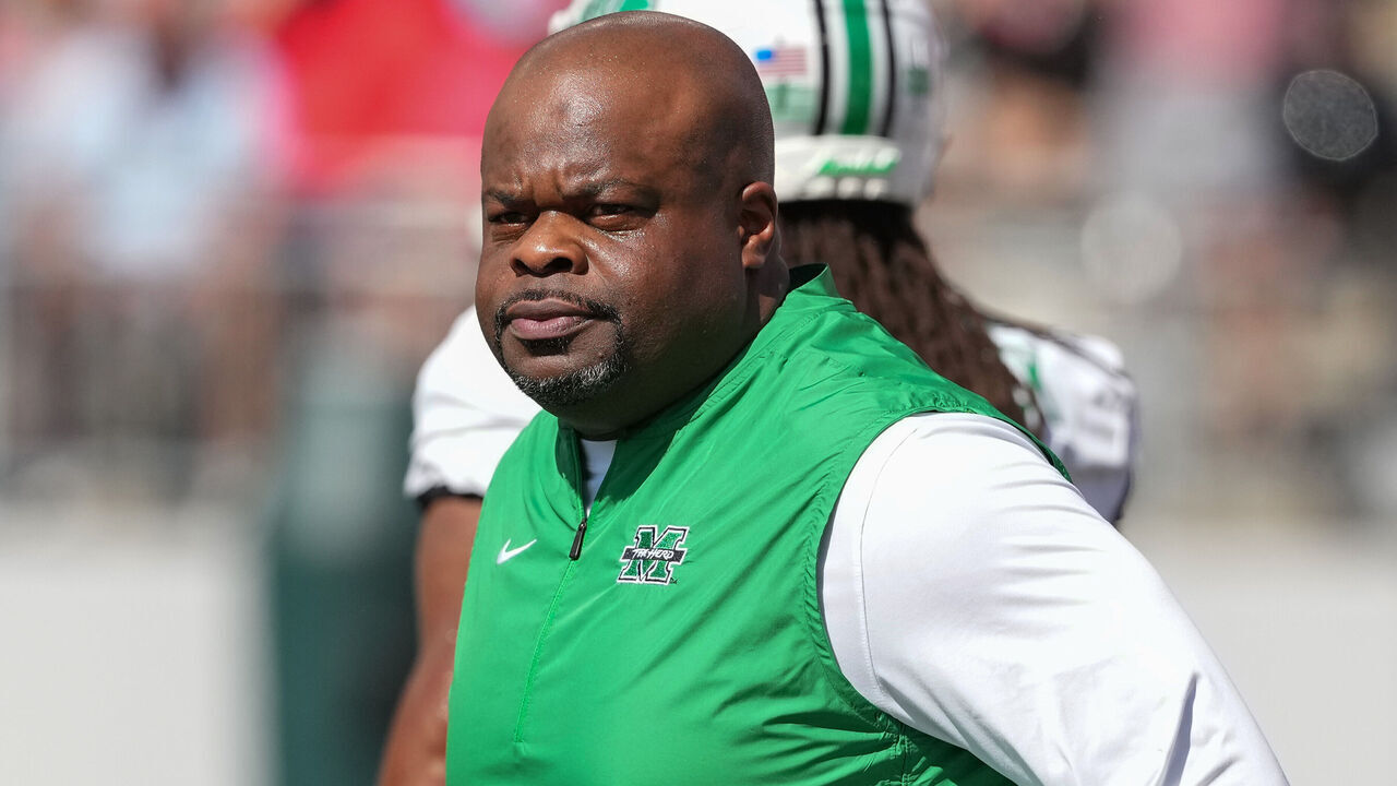 COLUMBUS, OHIO - SEPTEMBER 21: Head coach Charles Huff of the Marshall Thundering Herd looks on during warmups before the game against the Ohio State Buckeyes at Ohio Stadium on September 21, 2024 in Columbus, Ohio.