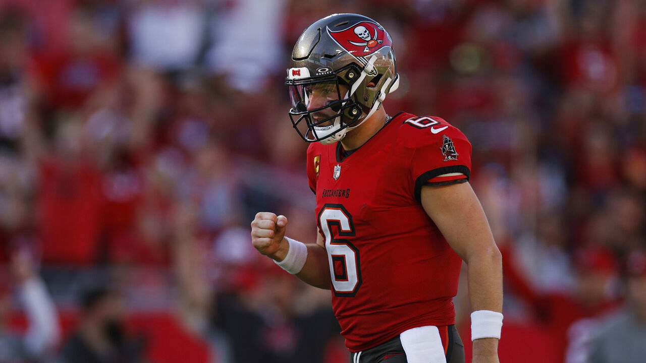 TAMPA, FLORIDA - DECEMBER 08: Baker Mayfield #6 of the Tampa Bay Buccaneers reacts after a touchdown during the fourth quarter against the Las Vegas Raiders at Raymond James Stadium on December 08, 2024 in Tampa, Florida.