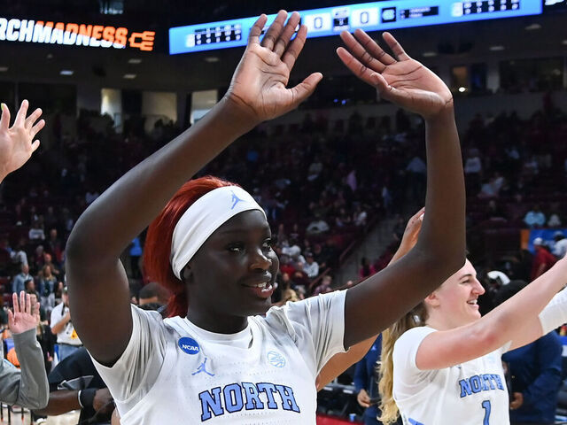 COLUMBIA, SOUTH CAROLINA - MARCH 22: Maria Gakdeng #5 of the North Carolina Tar Heels and teammates wave to the crowd during the first round of the 2024 NCAA Women's Basketball Tournament held at Colonial Life Arena on March 22, 2024 in Columbia, South Carolina.