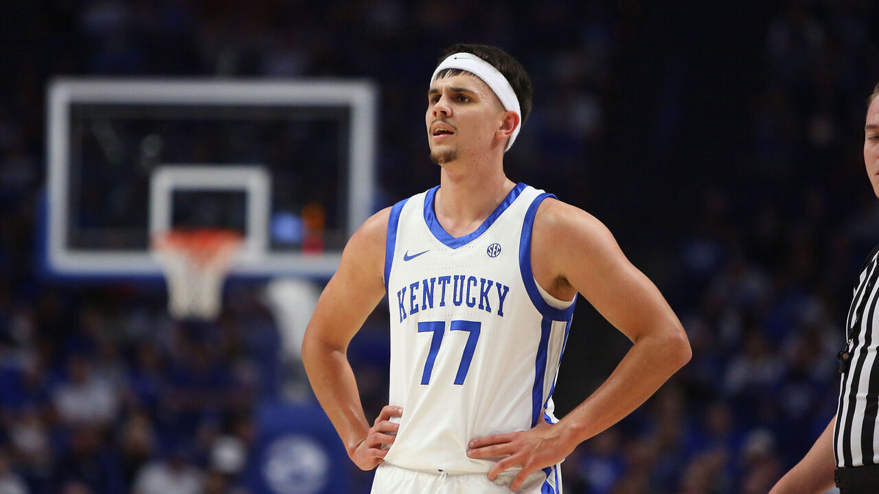 LEXINGTON, KY - OCTOBER 29: Kentucky Wildcats guard Kerr Kriisa (77) in a game between the Minnesota State Mankato Mavericks and the Kentucky Wildcats on October 29, 2024, at Rupp Arena in Lexington, KY.