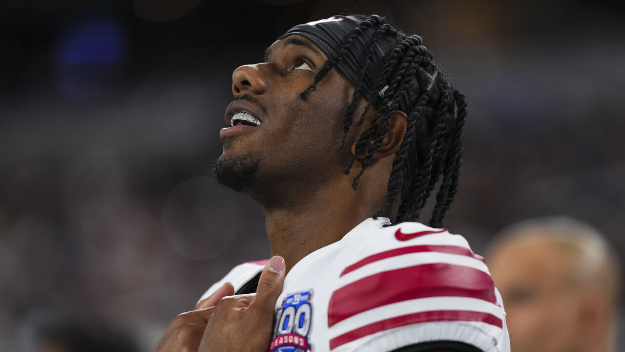 ARLINGTON, TX - NOVEMBER 28: Malik Nabers #1 of the New York Giants looks on from the sideline prior to an NFL football game against the Dallas Cowboys at AT&T Stadium on November 28, 2024 in Arlington, Texas.