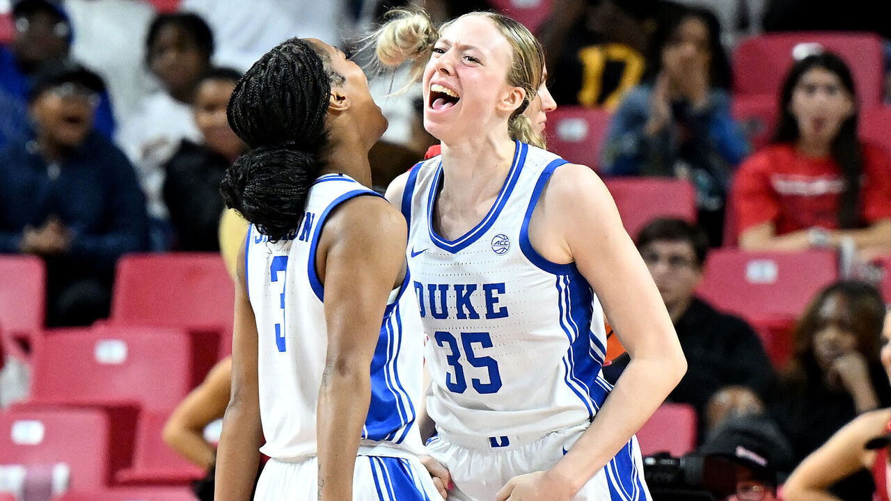 COLLEGE PARK, MARYLAND - NOVEMBER 10: Toby Fournier #35 of the Duke Blue Devils celebrates with teammates during the game against the Maryland Terrapins at Xfinity Center on November 10, 2024 in College Park, Maryland.
