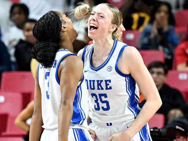 COLLEGE PARK, MARYLAND - NOVEMBER 10: Toby Fournier #35 of the Duke Blue Devils celebrates with teammates during the game against the Maryland Terrapins at Xfinity Center on November 10, 2024 in College Park, Maryland.