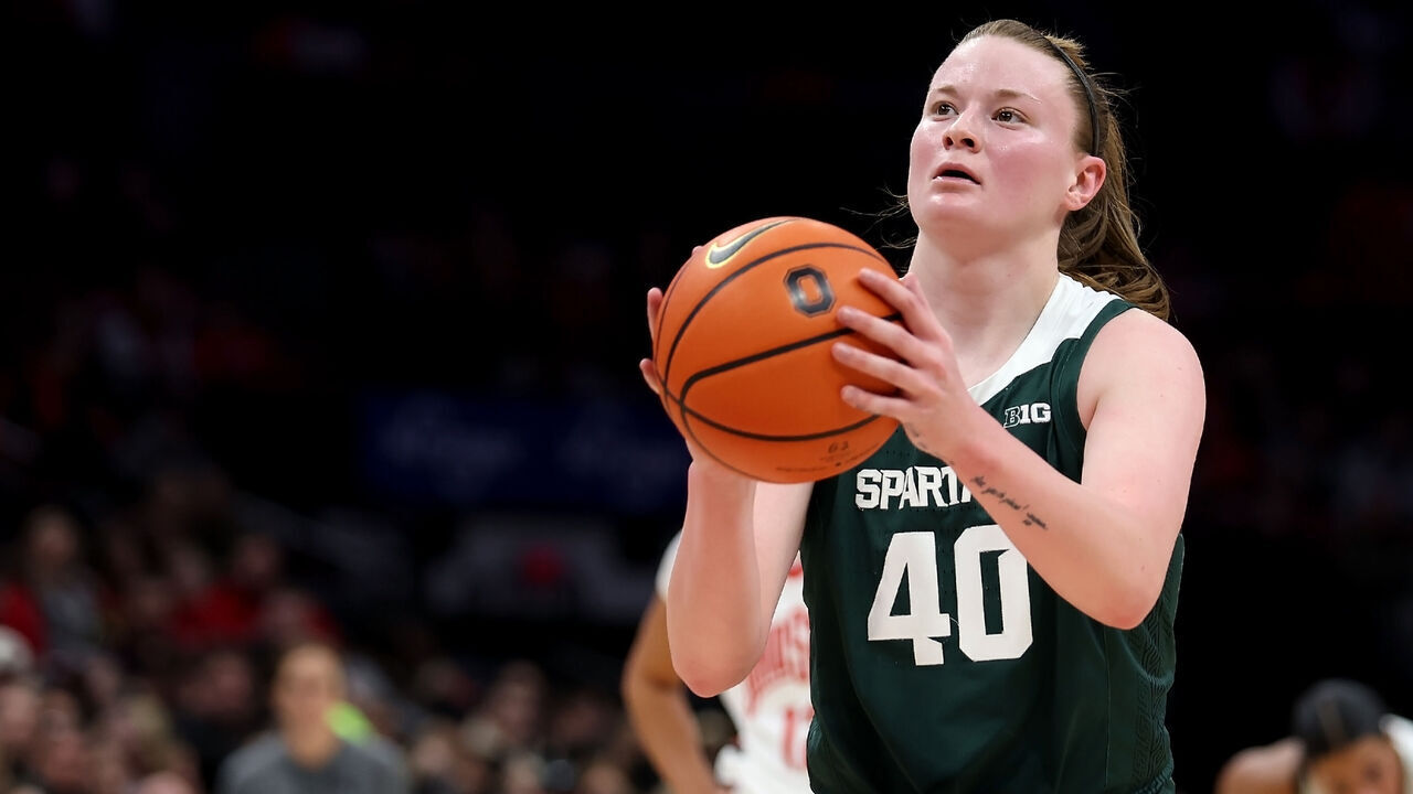 COLUMBUS, OHIO - JANUARY 14: Julia Ayrault #40 of the Michigan State Spartans lines up for a free-throw during the game against the Ohio State Buckeyes at Value City Arena on January 14, 2024 in Columbus, Ohio.