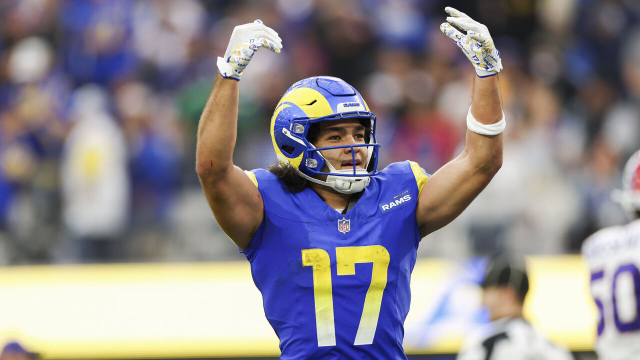 INGLEWOOD, CALIFORNIA - DECEMBER 08: Puka Nacua #17 of the Los Angeles Rams celebrates after a touchdown in the third quarter of a game against the Buffalo Bills at SoFi Stadium on December 08, 2024 in Inglewood, California.