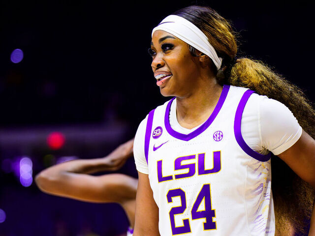 BATON ROUGE, LA - NOVEMBER 18: Aneesah Morrow #24 of the LSU Tigers in action against the Troy Trojans on November 18, 2024 at the Pete Maravich Assembly Center in Baton Rouge, Louisiana.