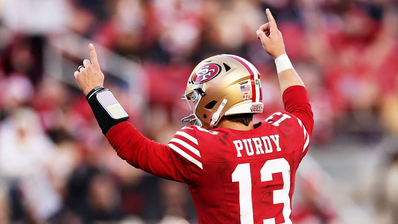 SANTA CLARA, CALIFORNIA - DECEMBER 08: Brock Purdy #13 of the San Francisco 49ers celebrates after a fourth quarter touchdown against the Chicago Bears at Levi's Stadium on December 08, 2024 in Santa Clara, California.