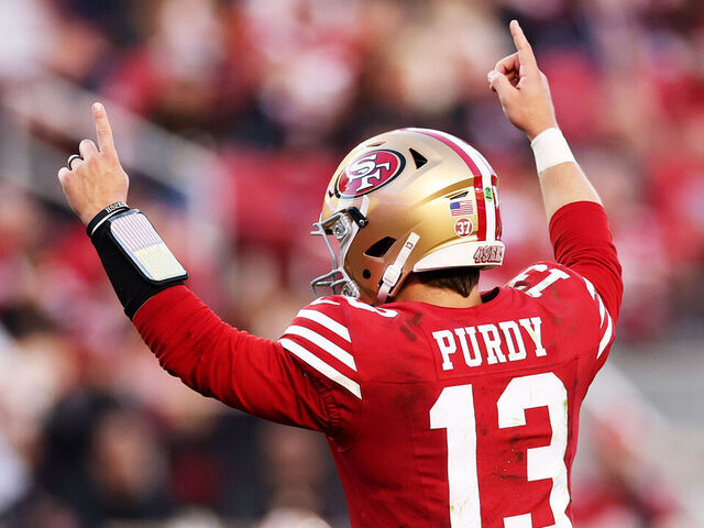 SANTA CLARA, CALIFORNIA - DECEMBER 08: Brock Purdy #13 of the San Francisco 49ers celebrates after a fourth quarter touchdown against the Chicago Bears at Levi's Stadium on December 08, 2024 in Santa Clara, California.