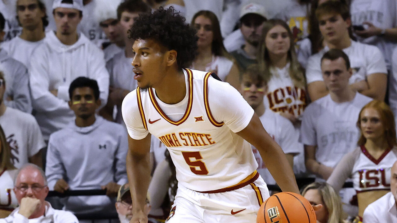 AMES, IA - DECEMBER 4: Curtis Jones, #5 of the Iowa State Cyclones, drives the ball in the second half of play at Hilton Coliseum on December 4, 2024, in Ames, Iowa. The Iowa State Cyclones won 81-70 over the Marquette Golden Eagles.