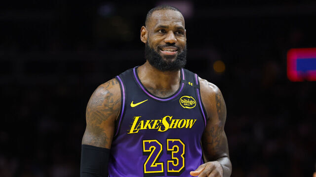 ATLANTA, GEORGIA - DECEMBER 6: LeBron James #23 of the Los Angeles Lakers reacts during the second quarter against the Atlanta Hawks at State Farm Arena on December 6, 2024 in Atlanta, Georgia.