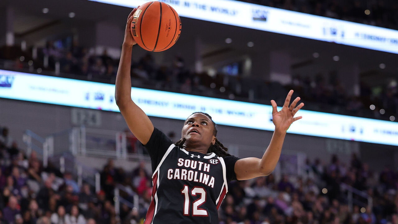 FORT WORTH, TEXAS - DECEMBER 08: MiLaysia Fulwiley #12 of the South Carolina Gamecocks shoots against the TCU Horned Frogs during the second half in the USLBM Coast to Coast Challenge Hoopfest Women’s Basketball Classic at Dickies Arena on December 08, 2024 in Fort Worth, Texas.