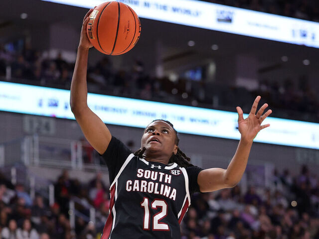 FORT WORTH, TEXAS - DECEMBER 08: MiLaysia Fulwiley #12 of the South Carolina Gamecocks shoots against the TCU Horned Frogs during the second half in the USLBM Coast to Coast Challenge Hoopfest Women’s Basketball Classic at Dickies Arena on December 08, 2024 in Fort Worth, Texas.