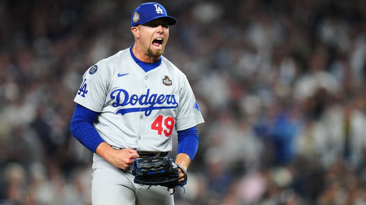 NEW YORK, NY - OCTOBER 30: Blake Treinen #49 of the Los Angeles Dodgers reacts after pitching during Game 5 of the 2024 World Series presented by Capital One between the Los Angeles Dodgers and the New York Yankees at Yankee Stadium on Wednesday, October 30, 2024 in New York, New York.