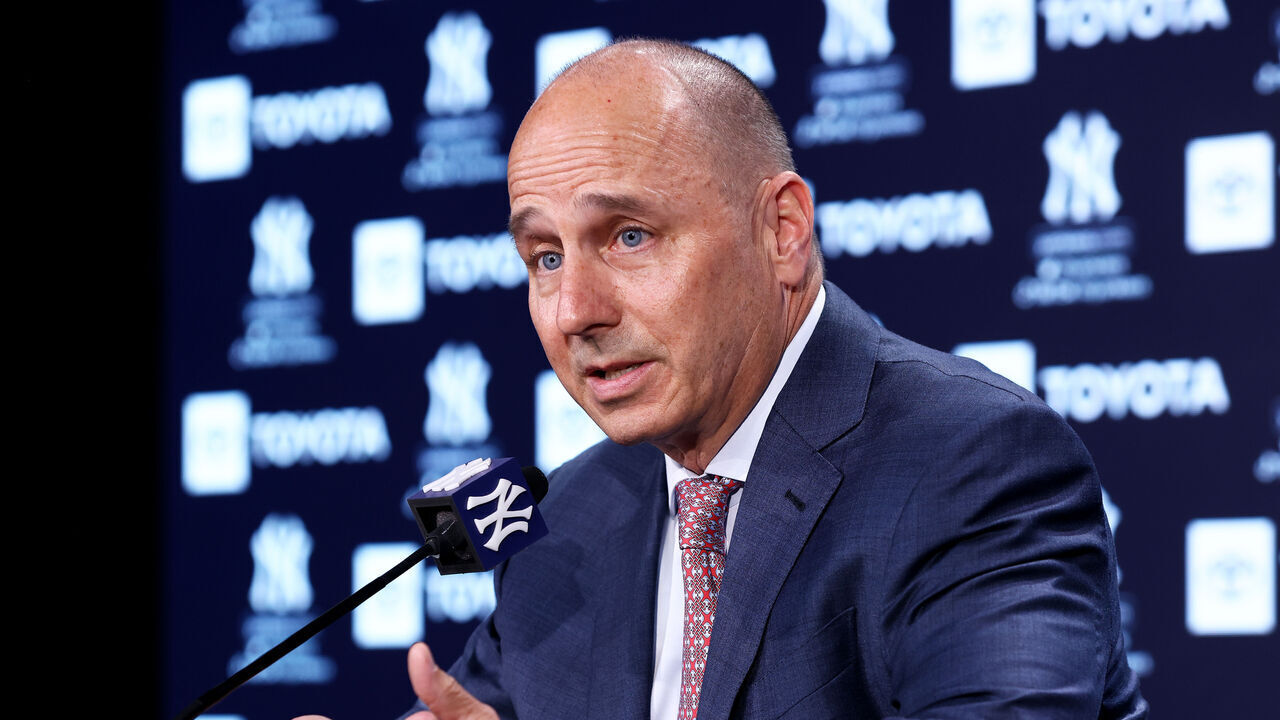 NEW YORK, NEW YORK - APRIL 08: New York Yankees General Manager Brian Cashman speaks to the media prior to the start of the game against the Boston Red Sox at Yankee Stadium on April 08, 2022 in New York City.