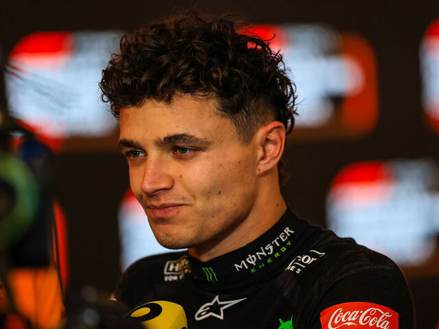 ABU DHABI, UNITED ARAB EMIRATES - DECEMBER 8: Lando Norris of Great Britain and McLaren answers questions in the TV media pen during the F1 Grand Prix of Abu Dhabi at Yas Marina Circuit on December 8, 2024 in Abu Dhabi, United Arab Emirates.