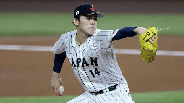 MIAMI, FL - MARCH 20: Roki Sasaki #14 of Team Japan pitches during the 2023 World Baseball Classic Semifinal game against Team Mexico at loanDepot Park on March 20, 2023 in Miami, Florida.