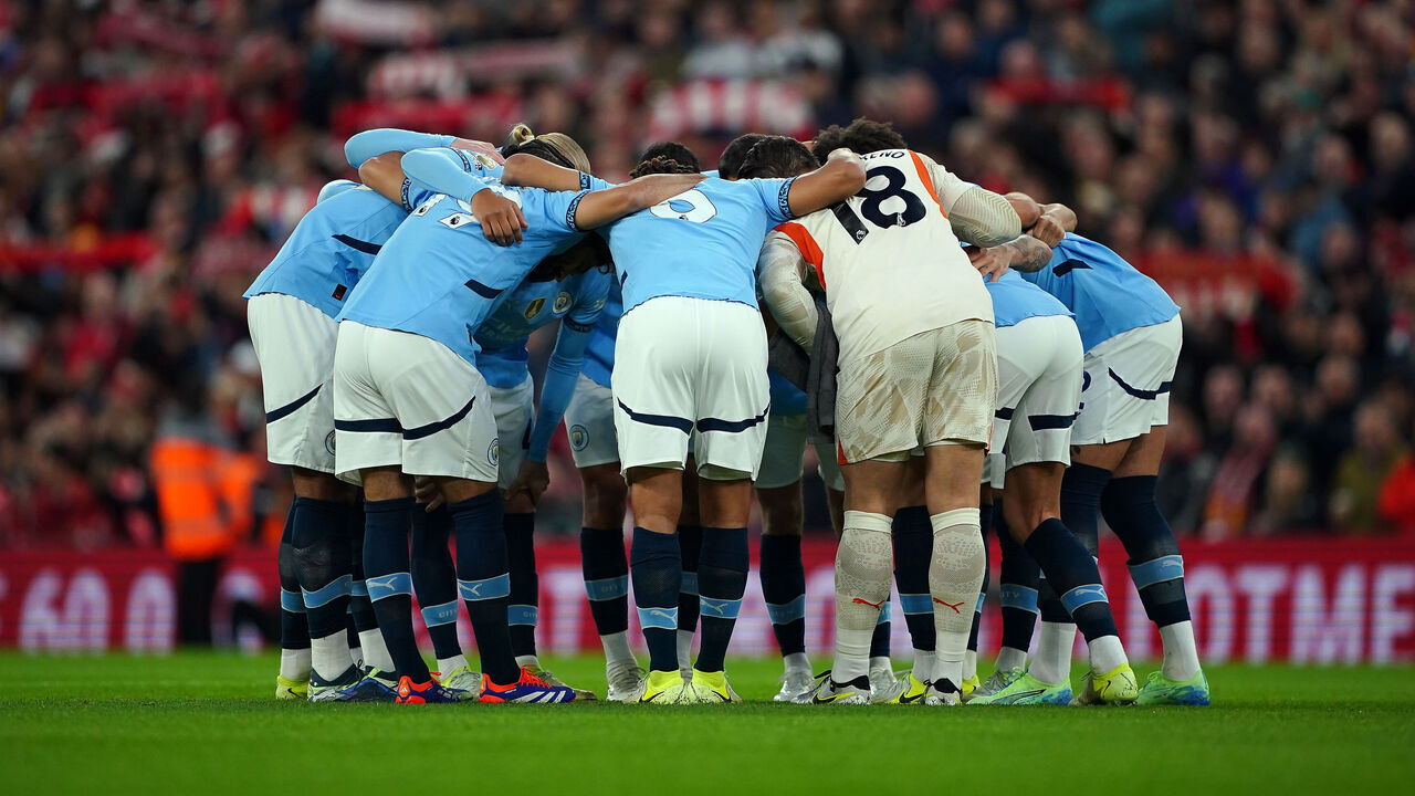 Manchester City have a team huddle during the Premier League match at Anfield, Liverpool. Picture date: Sunday December 1, 2024.