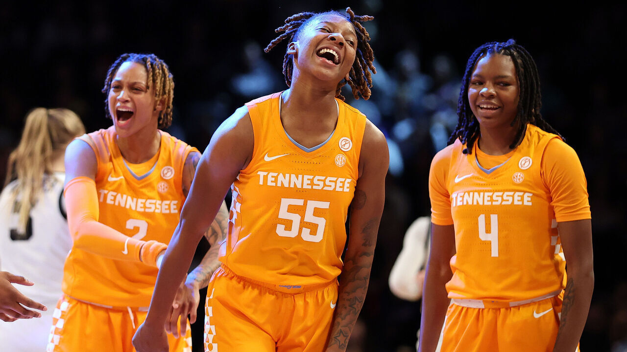 NEW YORK, NEW YORK - DECEMBER 07: Talaysia Cooper #55, Ruby Whitehorn #2, and Kaniya Boyd #4 of the Tennessee Lady Vols react after their win during the second half against the Iowa Hawkeyes in the Shark Beauty Women's Champions Classic at Barclays Center on December 07, 2024 in the Brooklyn borough of New York City. The Lady Vols won 78-68.