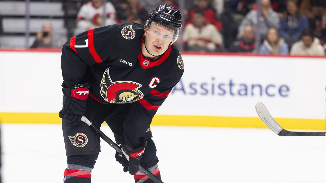 OTTAWA, ON - DECEMBER 07: Ottawa Senators Left Wing Brady Tkachuk (7) before a face-off during first period National Hockey League action between the Nashville Predators and Ottawa Senators on December 7, 2024, at Canadian Tire Centre in Ottawa, ON, Canada.