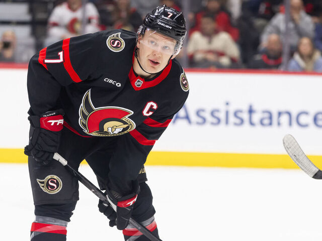 OTTAWA, ON - DECEMBER 07: Ottawa Senators Left Wing Brady Tkachuk (7) before a face-off during first period National Hockey League action between the Nashville Predators and Ottawa Senators on December 7, 2024, at Canadian Tire Centre in Ottawa, ON, Canada.
